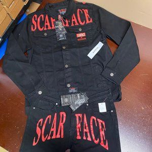 Reason Mens Black Biker Casual Button Denim Jacket & Straight Jeans 2 Piece Set